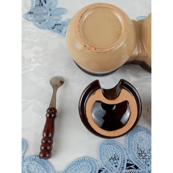 Vintage Brown & Tan Glazed Ceramic Double Condiment Dish w/ Lids & Spoons Taiwan - Picture 5 of 8
